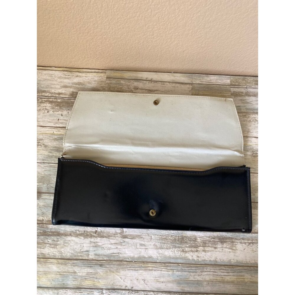1950s Aetna USA Black Patent Envelope Clutch Purse Royaltone Lined 15" Mid Centu - Picture 5 of 16